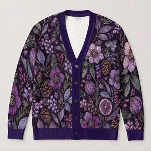 Purple Botanical Winter Florals for Cozy Layering and Festive Seasonal Style Wear All-over Print Knitted Cardigan