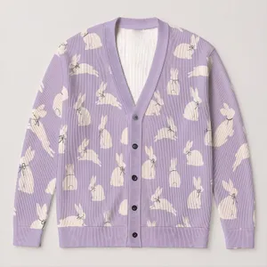 White Rabbit Easter Motifs for Spring Layering, Women’s Pastel Holiday Style All-over Print Knitted Cardigan