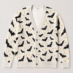 Black Bat And Golden Star Night Sky Motif For Halloween Layering, Women’s Casual Style All-over Print Knitted Cardigan