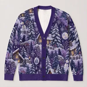 Snowy Purple Village Cats And Pines For Cozy Holiday Layering And Winter Outings All-over Print Knitted Cardigan