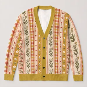 Vintage Floral Stripe Motif For Relaxed Everyday Layering And Bohemian Office Style All-over Print Knitted Cardigan