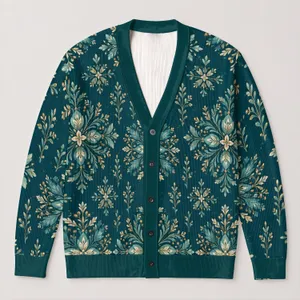 Teal Botanical Snowflake Medallions for Cozy Autumn Layering and Winter Getaways All-over Print Knitted Cardigan