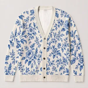 Blue Botanical Florals for Elegant Autumn Layering and Everyday Women's Classic Style All-over Print Knitted Cardigan