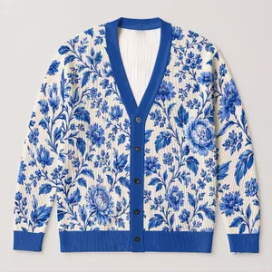 Blue And White Floral Botanical Style For Winter Layering And Everyday Casual Wear All-over Print Knitted Cardigan