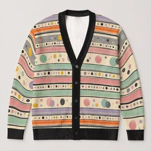 Retro Pastel Stripes And Polka Dots For Colorful Spring Layering, Women’s Casual Style All-over Print Knitted Cardigan