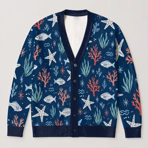 Navy Sea Life Fish Starfish Coral Motif for Casual Coastal Layering, Women's Style All-over Print Knitted Cardigan