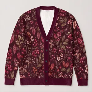 Burgundy Botanical Florals, Romantic Garden Style for Autumn Gatherings and Layering All-over Print Knitted Cardigan