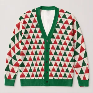 Red Green Triangle Geometry For Festive Layering And Everyday Style For Women At Home All-over Print Knitted Cardigan
