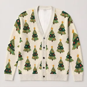 Festive Evergreen Trees With Colorful Ornaments For Christmas Parties And Cozy Layering All-over Print Knitted Cardigan