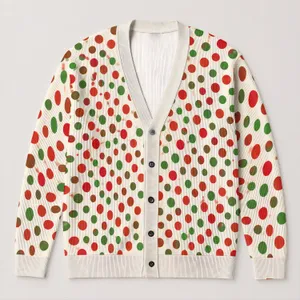 Red Green Polka Dot Everyday Layering Style For Women Spring Autumn Weekend Casual Wear All-over Print Knitted Cardigan