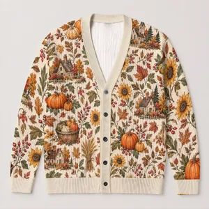 Autumn Pumpkin Cottage Harvest Motifs for Thanksgiving Gatherings and Cozy Layering All-over Print Knitted Cardigan