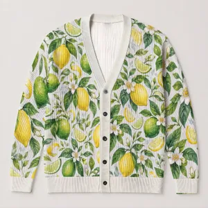 Green Citrus Lemon Lime Motifs for Fresh Casual Layering and Garden-Inspired Style All-over Print Knitted Cardigan