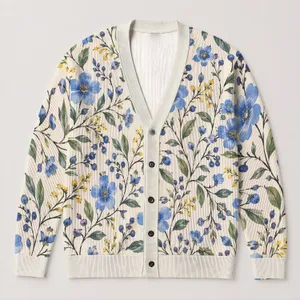 Blue Wildflower And Green Foliage Motif For Everyday Layering, Women's Plus Size All-over Print Knitted Cardigan