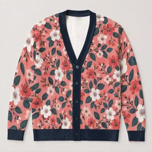 Coral Pink Floral Blossoms and Dark Leaves for Cozy Everyday Layering and Weekend Style All-over Print Knitted Cardigan