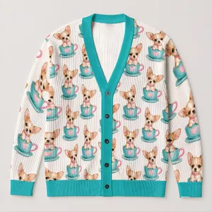Chihuahua Teacup Hearts for Cozy Tea Lovers, Dog Moms, and Everyday Layering Style All-over Print Knitted Cardigan