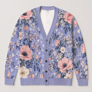 Pastel Lavender Floral Blooms for Spring Layering and Everyday Casual Style for Women All-over Print Knitted Cardigan