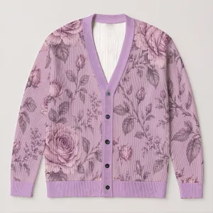 Lavender Rose And Leaf Botanical Motif For Everyday Layering, Feminine Gifts For Women All-over Print Knitted Cardigan