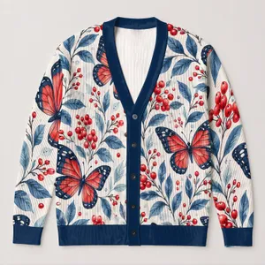 Red Butterflies and Blue Botanical Berries for Cozy Office Layering, Women's Plus Size All-over Print Knitted Cardigan