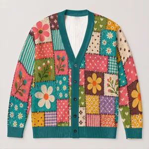 Colorful Patchwork Florals For Everyday Layering And Commuting, Women’s Casual Style All-over Print Knitted Cardigan
