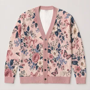Vintage Roses, Butterflies And Ribbon Bows For Romantic Everyday Layering, Women All-over Print Knitted Cardigan