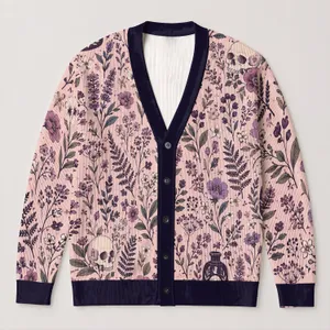 Purple Botanical Skull Motifs for Autumn Layering, Casual Gothic Style, and Cozy Outings All-over Print Knitted Cardigan