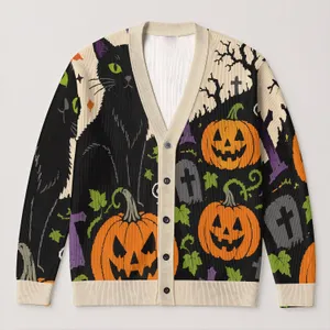 Pumpkin Black Cat Autumn Halloween Style for Cozy Fall Layering Women's Seasonal Wear All-over Print Knitted Cardigan