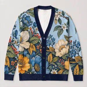 Blue Bird and Wildflower Garden for Relaxed Autumn Layering, Women’s Everyday Style All-over Print Knitted Cardigan