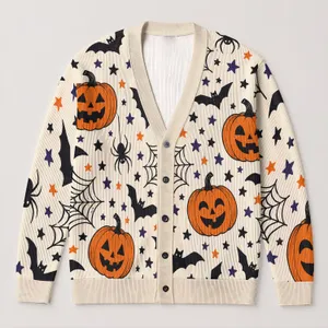 Halloween Pumpkins, Bats And Spiderwebs For Cozy Autumn Layering And Festive Gatherings All-over Print Knitted Cardigan