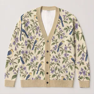 Birds And Violet Blooms For Relaxed Autumn Layering, Botanical Nature Lover Style All-over Print Knitted Cardigan