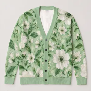 Mint Green White Floral Garden Style For Everyday Layering And Spring Outings For Women All-over Print Knitted Cardigan