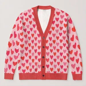 Coral Heart Motif Valentine's Day Casual Layering Women's Autumn Winter Gift Style All-over Print Knitted Cardigan