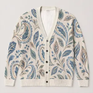 Blue White Paisley Boho Style For Casual Office Layering Women Spring Fall Everyday All-over Print Knitted Cardigan