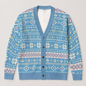 Pastel Nordic Geometric Motifs for Casual Layering and Everyday Travel Wear Women All-over Print Knitted Cardigan
