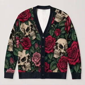Skull And Rose Vintage Gothic Blooms For Autumn Layering Women Dark Romantic Style All-over Print Knitted Cardigan