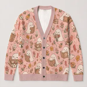 Cute Ghost Book Lover Floral Cozy Autumn Winter Layering Style For Avid Readers All-over Print Knitted Cardigan