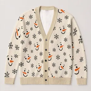 Snowman Faces And Black Snowflakes For Cozy Winter Holiday Layering, Women’s Gift All-over Print Knitted Cardigan