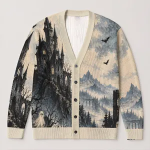 Haunted Castle Moonlight Landscape for Halloween Nights and Autumn Layering Style All-over Print Knitted Cardigan