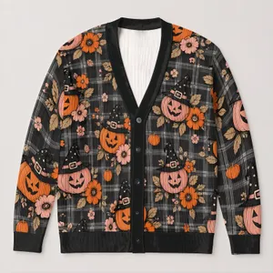Halloween Pumpkin Witch Hat Floral Autumn Style for Women Cozy Everyday Layering All-over Print Knitted Cardigan