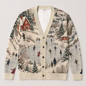 Snowy Village Skaters Winter Scene For Cozy Holiday Layering, Women’s Autumn Style All-over Print Knitted Cardigan