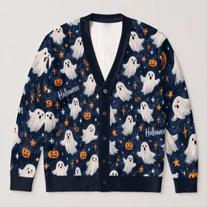 Cute Spooky Ghosts and Pumpkins for Halloween Parties and Cozy Fall Layering for Women All-over Print Knitted Cardigan