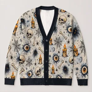 Haunted Skull And Watchful Eye Motifs For Spooky Autumn Layering And Casual Style, Women All-over Print Knitted Cardigan