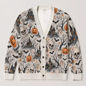 Haunted Houses, Skulls And Pumpkins For Halloween Gatherings And Autumn Layering All-over Print Knitted Cardigan