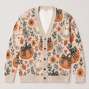 Pumpkins, Ghosts And Floral Bows For Cozy Autumn Halloween Gatherings And Layering All-over Print Knitted Cardigan