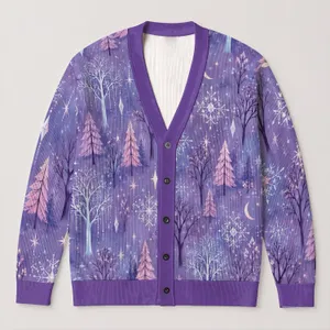 Whimsical Lavender Winter Forest with Pastel Trees for Cozy Snowy Day Layering Outdoors All-over Print Knitted Cardigan