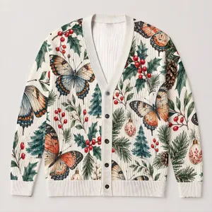 Red Berry Butterfly Holiday Botanical Style for Women’s Winter Layering and Parties All-over Print Knitted Cardigan