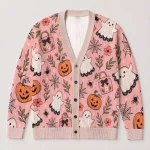 Cute Ghosts And Pumpkins For Cozy Autumn Halloween Seasonal Style For Plus Size Women All-over Print Knitted Cardigan