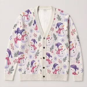 Charming Snowmen in Purple Hats for Cozy Holiday Gatherings and Winter Family Style All-over Print Knitted Cardigan