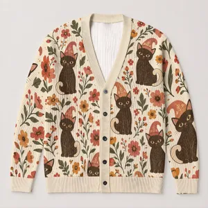 Whimsical Brown Cat Florals for Cozy Autumn Layering and Cottage Style All-over Print Knitted Cardigan