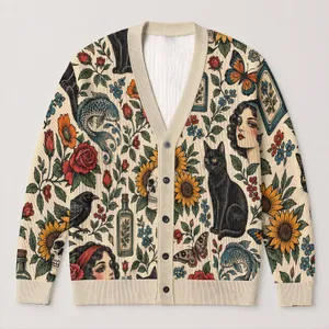 Vintage Skull Floral Butterfly Botanical Style for Casual Everyday Layering Womenswear All-over Print Knitted Cardigan