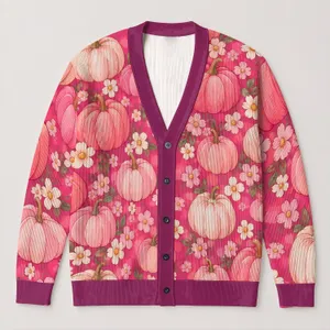 Pink Pumpkin Daisy Harvest for Cozy Autumn Layering, Women’s Casual Everyday Style All-over Print Knitted Cardigan